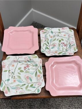 Sweet Laurel Floral & Pink Square Dessert Plates Set of 4 Cottagecore